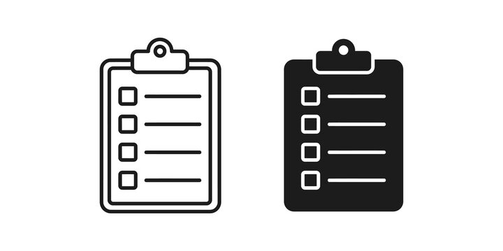 Clipboard checklist set black outline and silhouette for task planning.