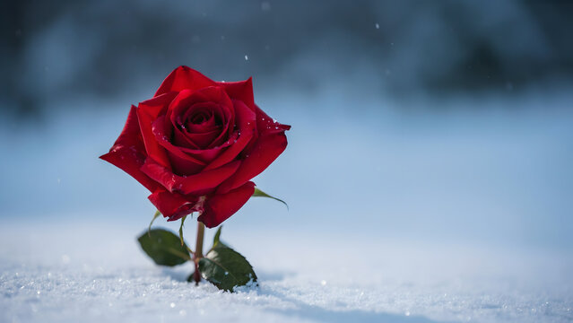 Red rose standing in fresh white snow a symbol of love in winter.