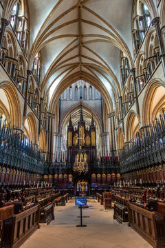 The Choir stalls at Lincoln Cathedral with its impressive high vaulted ceiling.