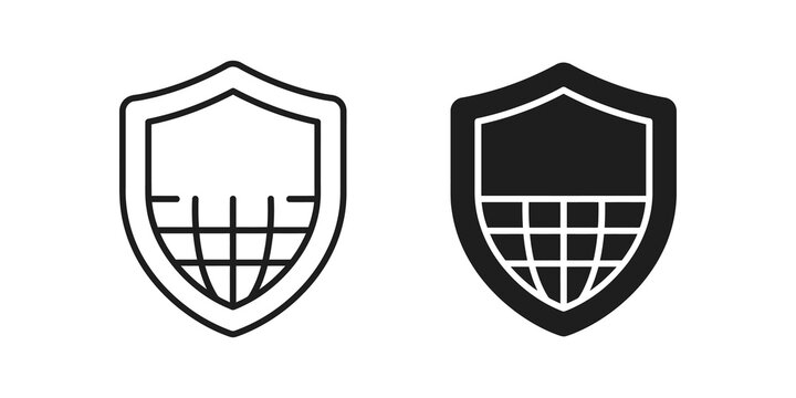 Shield icon with global grid pattern for secure digital data network base.