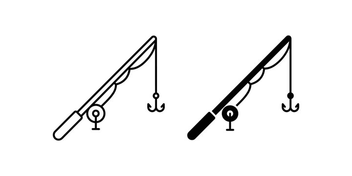Fishing rod line and solid vector icons for leisure sport gear graphics.