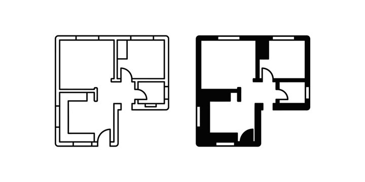 Black floor plan icon for architectural design property layout development.
