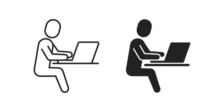 Person working on laptop flat icon black line art for remote office jobs.
