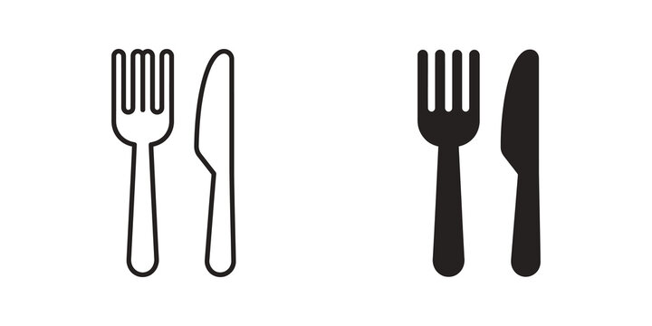 Fork and knife outline and solid vector icons for restaurant signage.