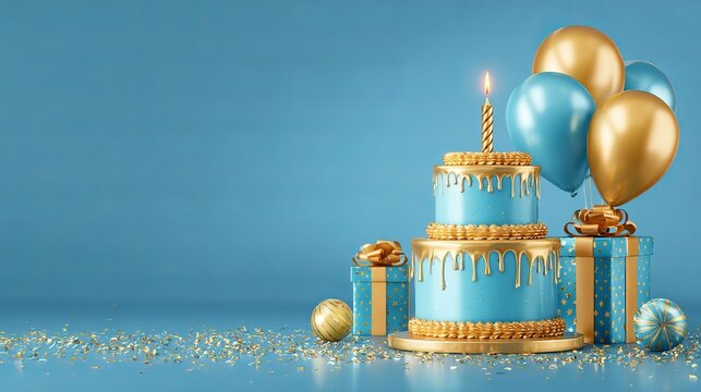 A beautifully decorated blue and gold birthday cake with balloons and gifts on a festive table setting