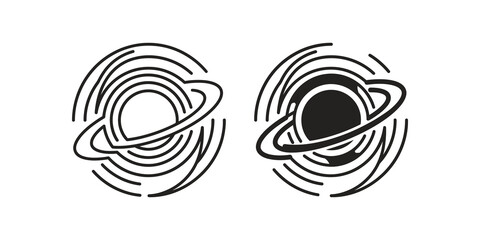 Saturn planet with rings symbol black linear and solid silhouette design. © SAJID