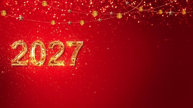 Red celebration scene features 2027 new year decorative ornaments, warm glitter, generous text space seasonal campaigns, corporate messages, social media, event announcements, greeting cards broadcast