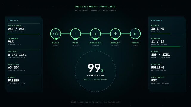 Animated software deployment pipeline dashboard showing progress from build to successful release.
