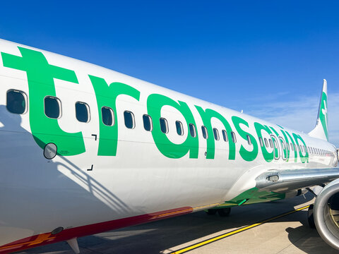 Verona, Italy, September 5, 2026: A Transavia aircraft stands on the tarmac, ready for international passenger transport across European destinations and short-haul routes. 