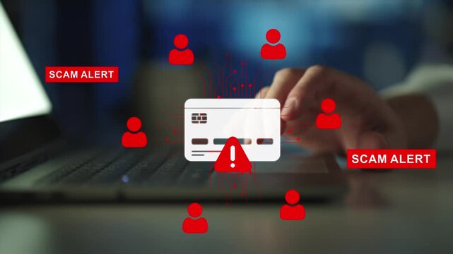 Financial scam concept showing bank card fraud, online payment risk. Security alert, data protection and identity theft warning in digital banking.

