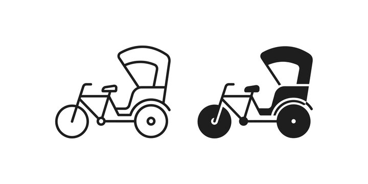 Traditional cycle rickshaw line and silhouette vector icons set.