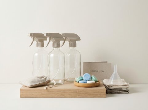 refillable household cleaning bottles Minimalist cleaning set with spray bottles, tablets, funnel, and cloths on wood