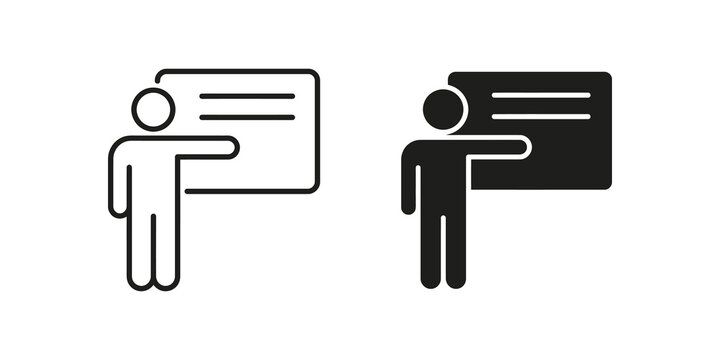 Presenter standing by board icons with black line and solid color style.