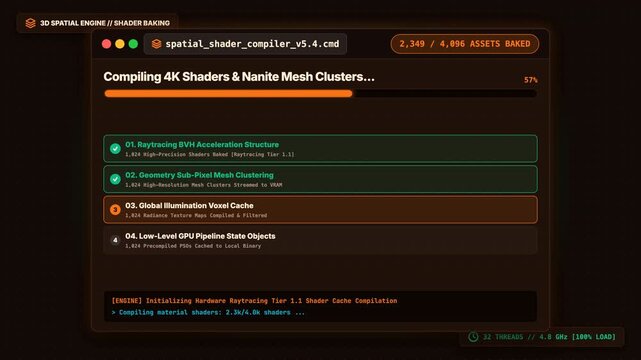 Software interface showing a 3D engine shader cache compilation process with progress bars and technical data.