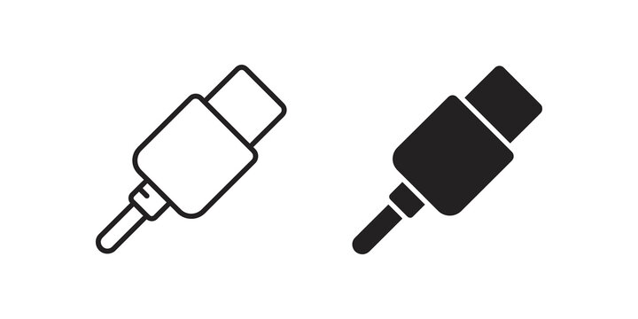 Black outline and solid electronic charger connector plug device icon.