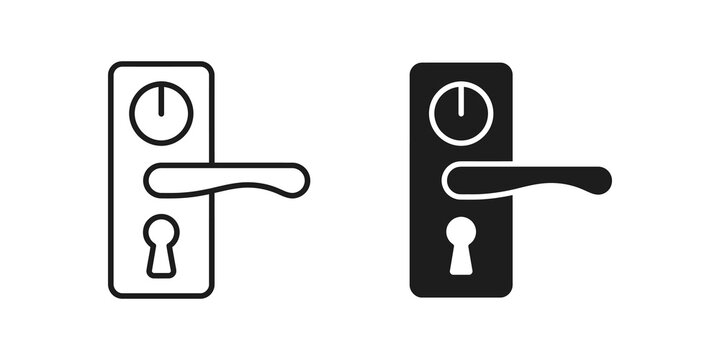 Door handle lock keyhole set of line and solid black vector icons.