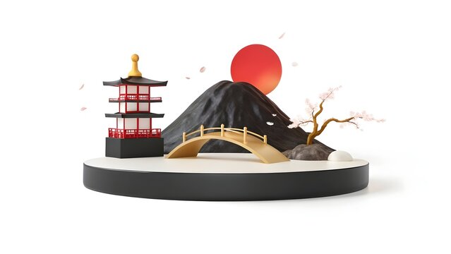 3D Isometric Japan Landscape with Pagoda and Mountain