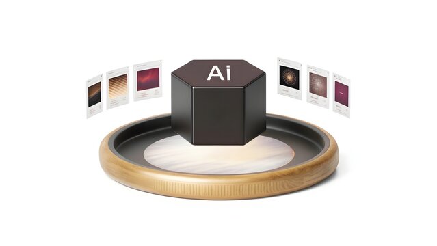 3D render of a floating hexagonal AI block with digital image projections on white background
