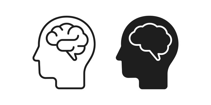 Brain icon in head silhouette for intellect and knowledge.