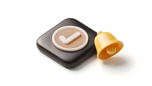 3D render of a black square checkmark icon with a yellow notification bell on white