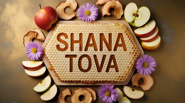 Shana tova jewish new year greeting with apples honey and decorative flowers
