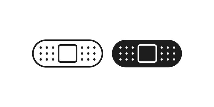 Bandage adhesive medical plaster icons set in outline and flat styles.