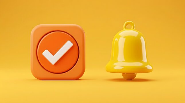 3D render of checkmark icon and notification bell on yellow background for UI design