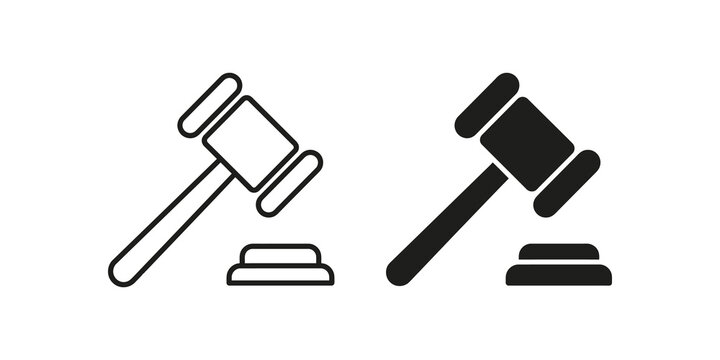 Gavel wooden hammer black outline and solid icons for legal law systems.