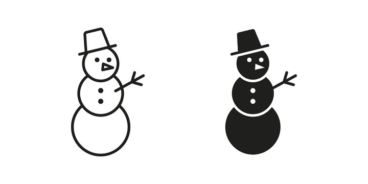 Snowman with hat icon simple black linear and solid silhouette set graphic.
