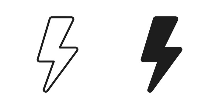 Electric lightning bolt icons in outline and solid black vector design.