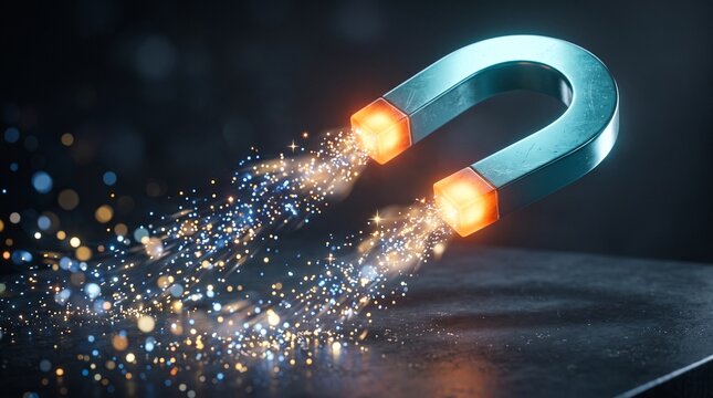 Magnetism and Attraction: A horseshoe magnet pulls glowing particles towards its poles, illustrating the power of attraction and magnetic force with a vibrant, energetic display.