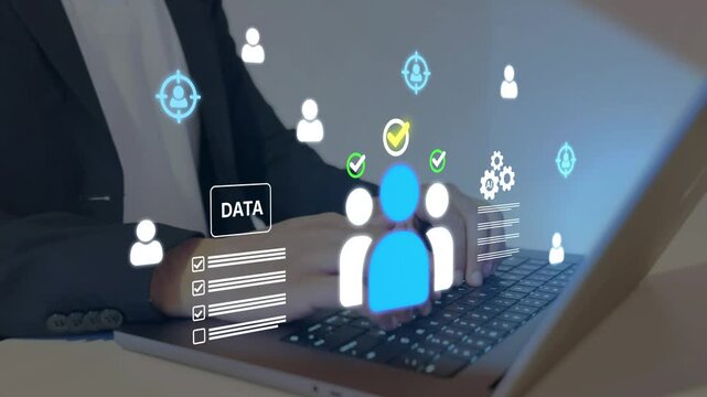 AI and data analysis to identify target audience. Concept of customer segmentation, partner profiling, predictive analytics, CRM system, and strategic business intelligence