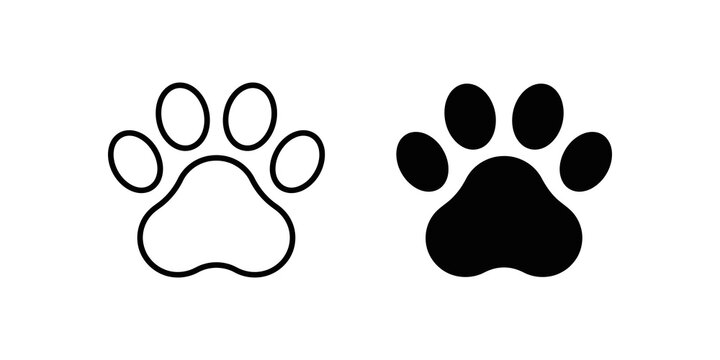 Animal paw print outline and solid black icon pair for pet lovers.