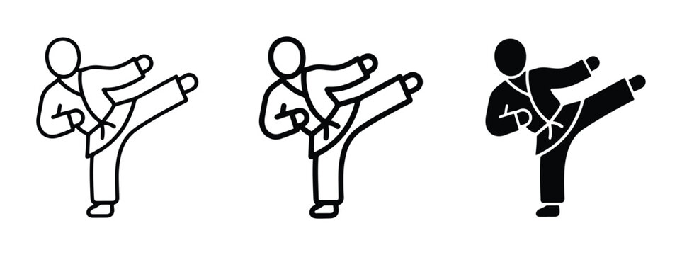 Martial Arts Icon Set: Karate Kick, Fighter Silhouette, Combat Sports Graphics