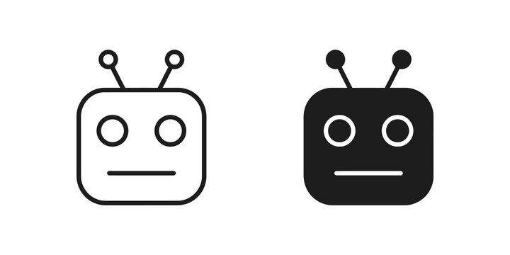 Cute robot head outline and solid icon representing digital assistant.