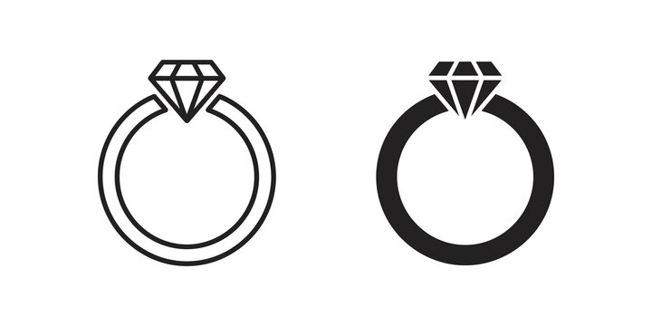 Diamond ring line and solid vector icons representing luxury jewelry.
