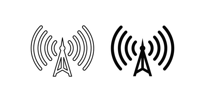 Black transmitter tower icon emitting radio signal waves for network.