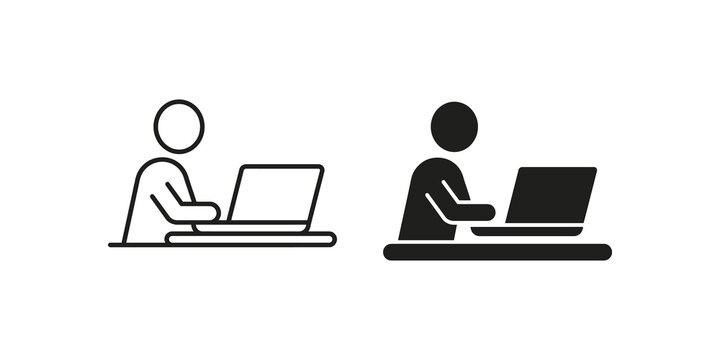 Workspace person on laptop icon designed in line and solid silhouette.