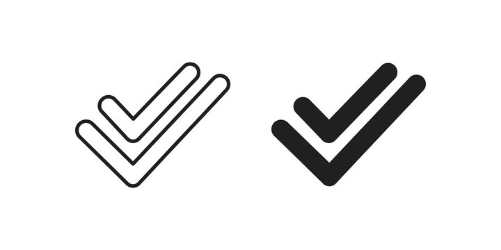 Double check mark thin line and solid black icon set for completion.