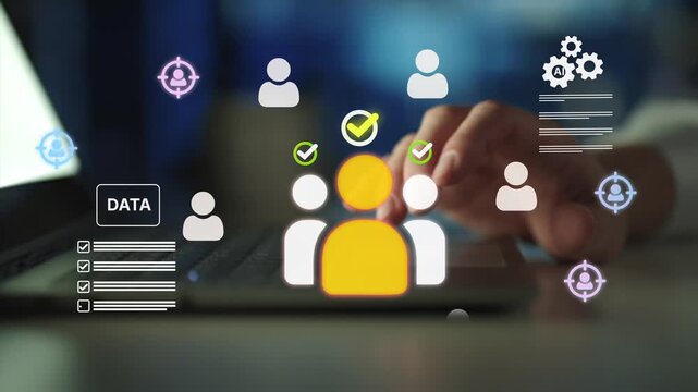 AI and data analysis to identify target audience. Concept of customer segmentation, partner profiling, predictive analytics, CRM system, and strategic business intelligence