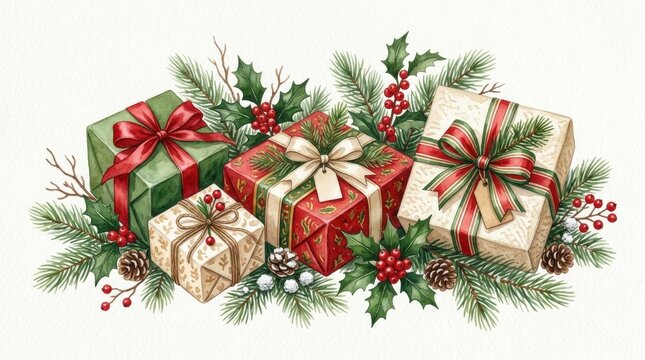 Festive Christmas Gift Boxes with Holly and Pine Cones for Holiday Celebration
