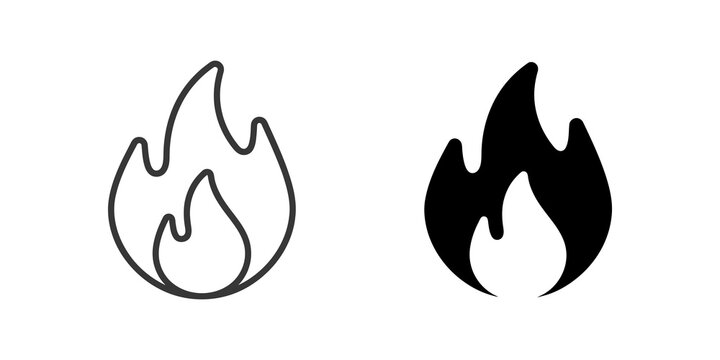 Fire flame icon set in black outline and solid silhouette vector design.