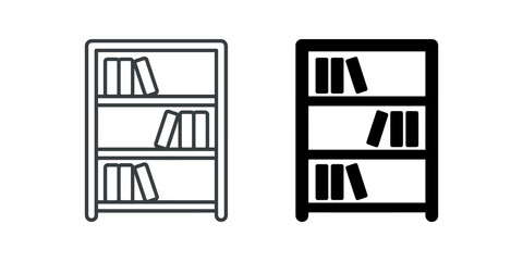 Bookcase with assorted books outline and solid black icon for library. © SAJID