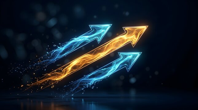 Dynamic blue and orange glowing arrows surging forward