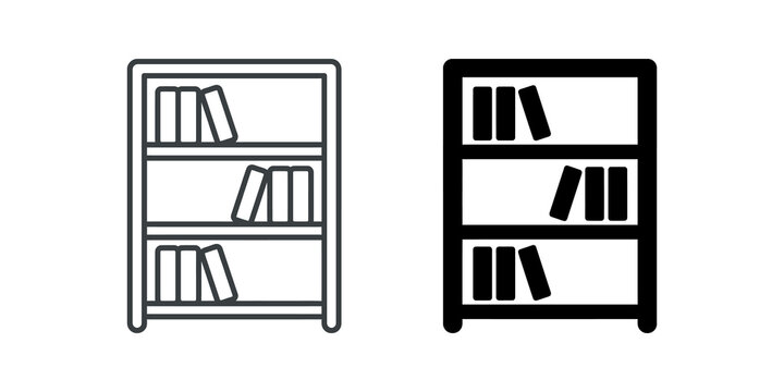 Bookcase with assorted books outline and solid black icon for library.