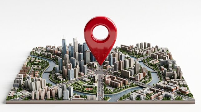 Location pin stands on a miniature isometric city model isolated against a clean white studio background.