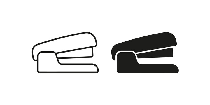 Office stapler vector icon set in outline and solid black style.