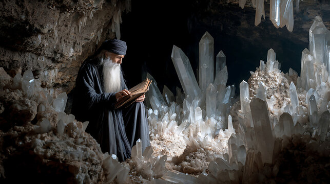 Ancient sorcerer holding crystal-tipped wand