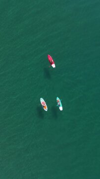 Aerial view of paddling boards, three people paddling in green sea	