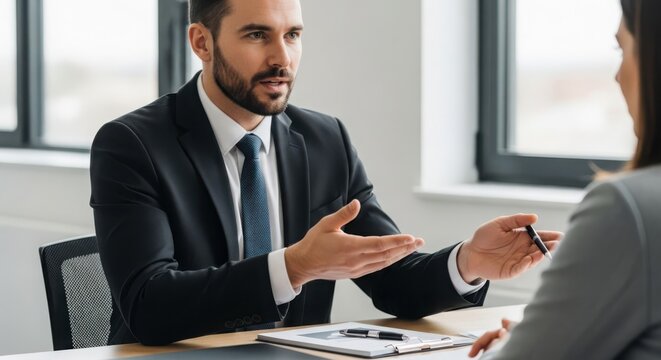 Professional businessman in a suit actively discussing and gesturing during an important business meeting